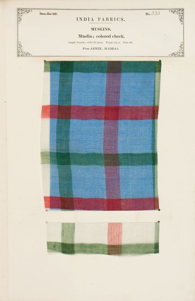 Baumwollkaro-Probe aus Mylapore in Madras, aus The Collection of the Textile Manufacturers of India, von John Forbes Watson, veröffentlicht 1866 von Indian School