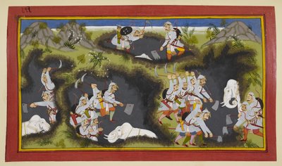 König Sagaras Söhne graben die Erde aus und finden vier tragende Elefanten von Indian School
