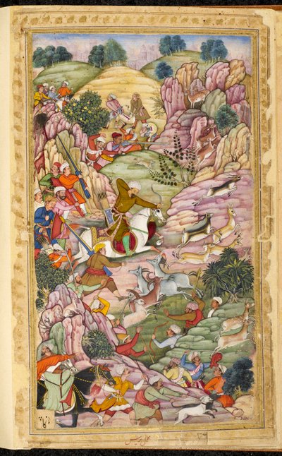 Der Kaiser Babur auf der Jagd, zwischen Ali Shang und Alangar, in der Region Kabul (Afghanistan). Miniatur aus dem persischen Manuskript Vaqi at i Baburi, Memoiren des Mogulkaisers Babur (Zahir ud din Muhammad) (1483-1530), Indien, um 1590. Die British Lib von Indian School