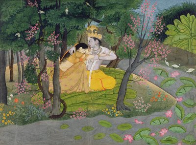 Radha und Krishna umarmen sich in einem Hain blühender Bäume, ca. 1780 von Indian School