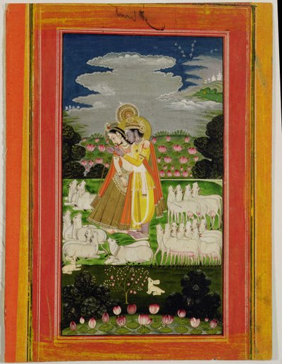 Radha und Krishna umarmen sich in einer idealisierten Landschaft mit Kühen, ca. 1780 von Indian School