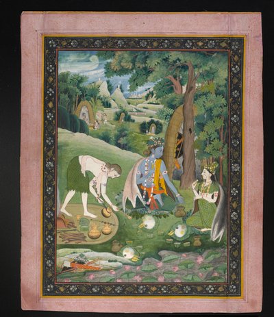 Rama, Lakshmana und Sita kochen und essen in der Wildnis, ca. 1820 von Indian School