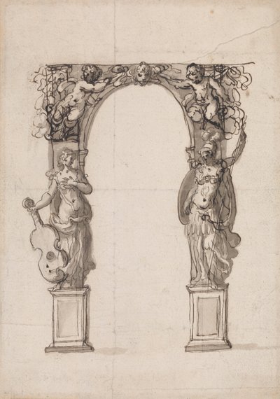 Entwurf für einen temporären Bogen, verziert mit Putti und allegorischen Figuren von Musik und Krieg von Inigo Jones