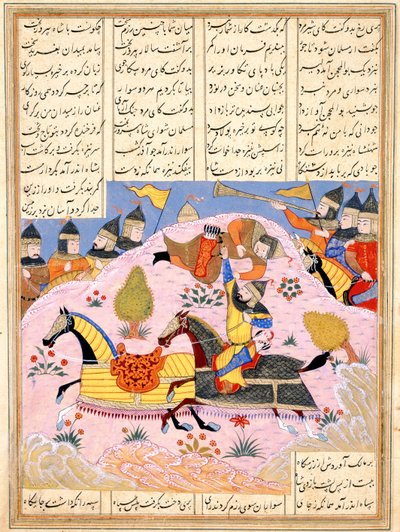 Malik hebt Abul Mihjan aus dem Sattel. Aus Khavarannama Das Buch des Ostens von ibn Husam al-D von Iranian Master