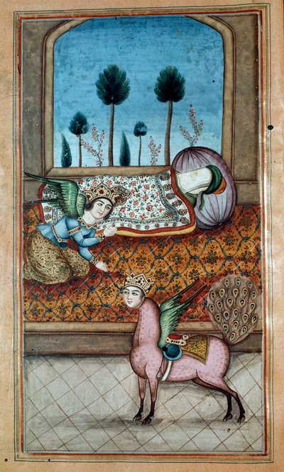 MS. Nezami, Lailah und der Erzengel Gabriel erscheinen dem schlafenden Propheten und Al-Baruq, aus dem Epos von Nezami von Iranian School