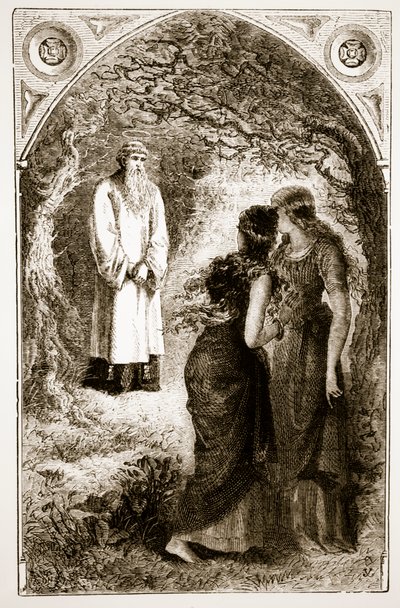 St. Patrick wird von Jungfrauen im Wald von Fochlut empfangen, aus The Trias Thaumaturga, oder Drei Wunder wirkende Heilige von Irland, von Mary Cusack (1829-99) veröffentlicht ca. 1890er Jahre von Irish School