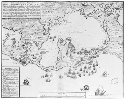 Ein neuer und genauer Plan der Stadt und des Hafens von Cartagena, der den Abstieg dieses Ortes durch die britische Flotte und Landstreitkräfte unter dem Kommando der Admirale Vernon und Ogle und General Wentworth im März & April 1741 zeigt... von Isaac Basire