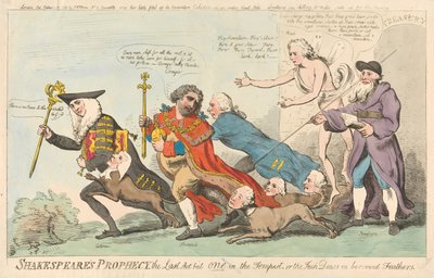 Shakespeares Prophezeiung, der letzte Akt von einem in Der Sturm, oder die Dohle in geliehenen Federn (aus: Karikatur, Bd. 3) von Isaac Cruikshank