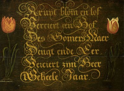 Ein kalligraphisches Sprichwort mit Tulpen von Isaac Hondius