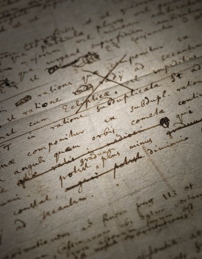 Zwei Seiten mit Überarbeitungen der Principia Mathematica von Isaac Newton