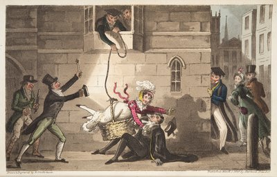 Einen Proktor grüßen, oder Oxford-Bulldogs entdecken Brazen-Schmuggler, aus The English Spy, veröffentlicht London, 1824 von Isaac Robert Cruikshank