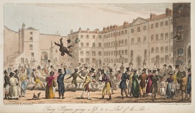 Surrey Collegians geben einem Gesetzesvertreter eine Mitfahrgelegenheit, aus The English Spy, veröffentlicht 1824 von Isaac Robert Cruikshank
