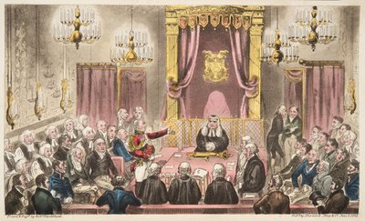 Das House of Lords in heftiger Debatte, aus The English Spy, veröffentlicht 1824 von Isaac Robert Cruikshank