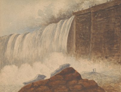 Ansicht der Niagarafälle mit zwei Figuren auf einem Felsen im rechten Vordergrund von Isaac Weld