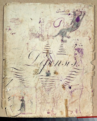 Arthur Rimbaud hilft bei der Ernte. Zeichnung von Isabelle Rimbaud in violetter Tinte auf einem Entwurfsblatt eines Ausgabenbuchs von Isabelle Rimbaud