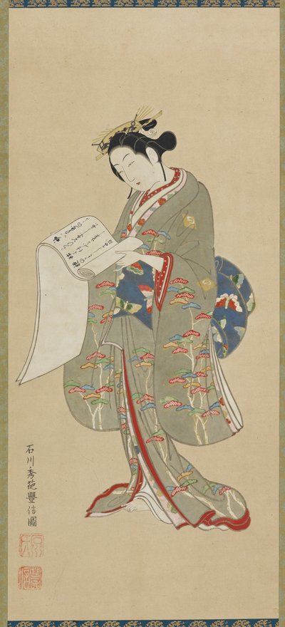 Junge Frau, die einen Brief liest, Edo-Zeit, 1711-1785 von Ishikawa Toyonobu