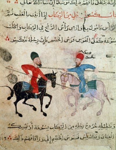 Islamische Kunst: Zeichnung auf Pergament aus der Fatimidenzeit - Szene eines Duells zwischen zwei Reitern von Islamic School