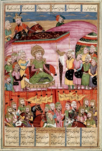 Islamische Kunst: „Sohrab steht am Zelt von Roustam“ Persische Miniatur aus einem Manuskript des epischen Gedichts „Shahnameh“ (Buch der Könige) von Ferdowsi von Islamic School