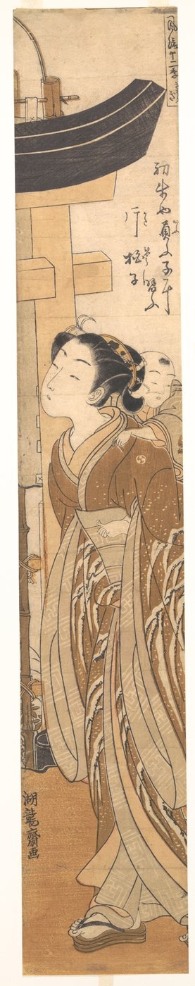 Eine Frau mit einem Kind auf dem Rücken nahe dem Eingang zu einem Tempel von Isoda Koryusai