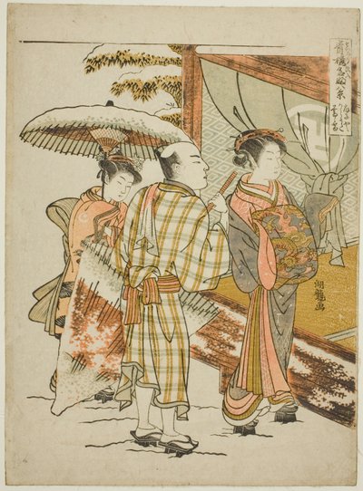 Karauta von Ogiya im Abendschnee (Ogiya Karauta bosetsu), aus der Serie „Acht Ansichten berühmter Schönheiten der Vergnügungsviertel (Seiro meifu hakkei)“ von Isoda Koryusai