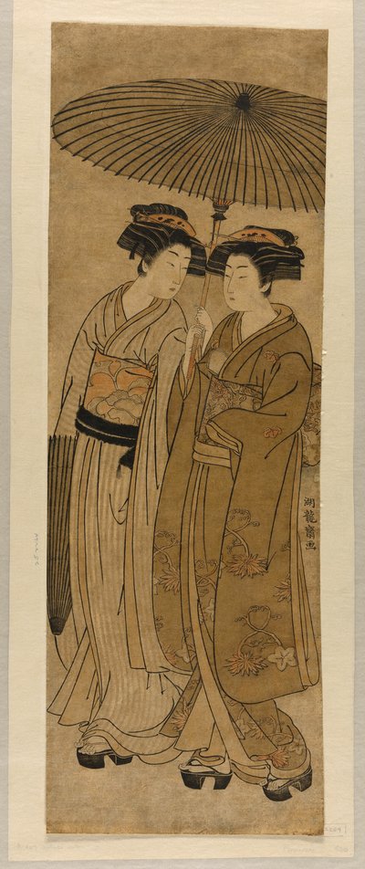 Zwei junge Frauen unter einem Regenschirm von Isoda Koryusai