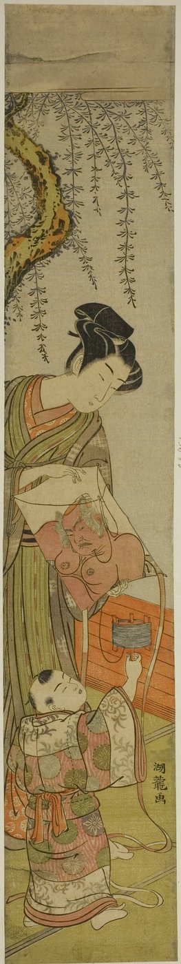 Junger Mann hält einem Kind einen Drachen von Isoda Koryusai