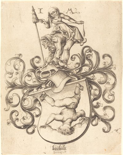 Wappen mit Purzelbaum schlagendem Jungen von Israhel van Meckenem after Master of the Housebook