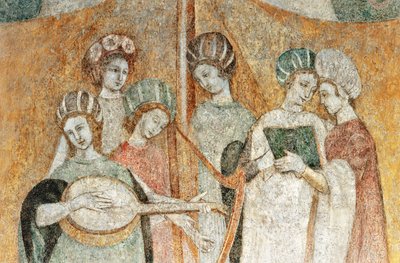 Bicocca degli Arcimboldi: Fresko aus dem 15. Jahrhundert, Detail von Frauen, die Musik spielen von Italian School