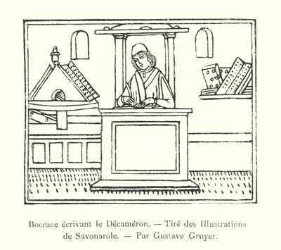 Boccaccio schreibt den Decameron, aus den Illustrationen von Savonarola, von Gustave Gruyer von Italian School