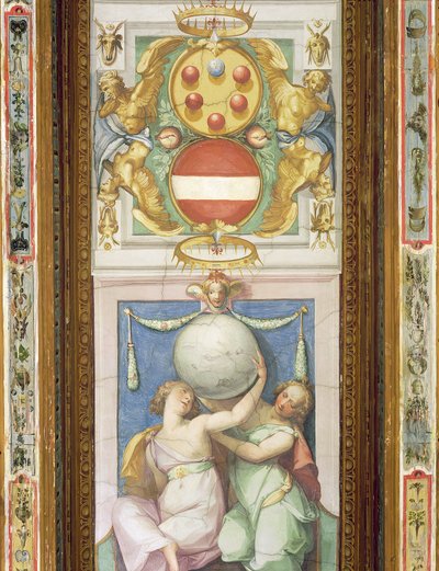 Deckenverzierung, die zwei weibliche Figuren zeigt, die einen Globus stützen: darüber eine Darstellung des Medici-Wappens von Italian School