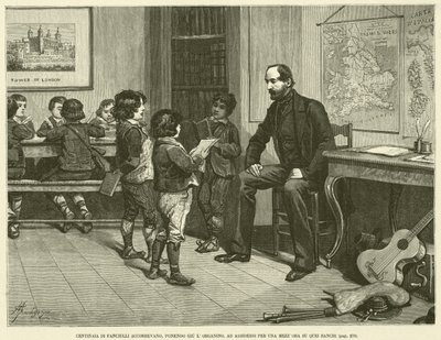 Hunderte von Kindern eilten herbei, legten das Orgelspiel nieder und setzten sich für eine halbe Stunde auf diese Bänke (Gravur) von Italian School
