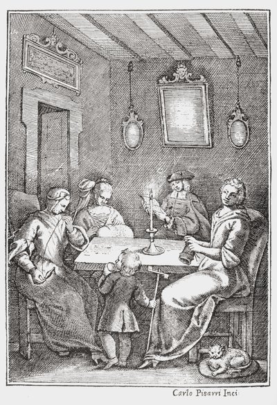 Chiaqlira liest Geschichten einer Nähgruppe vor, Titelblatt von Das Pentameron von Giambattista Basile, 1742 von Italian School