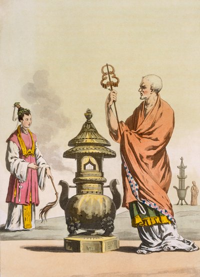 Chinesische taoistische religiöse Bräuche: Ein Bonze in zeremoniellen Gewändern, graviert von Fumagalli und Bramatti, ca. 1820-30 (Farbstich) von Italian School