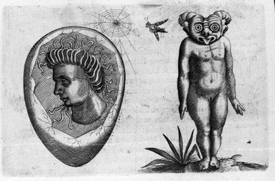 Verschiedene Arten von menschlichen Monstern: ein fossiler Mensch und ein Monster. Gravur aus „De monstrorum natura, causis et differentiis“ von Fortunio Liceti (1577-1656), italienischer Wissenschaftler. 1646 von Italian School