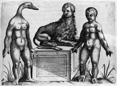 Verschiedene Arten von menschlichen Monstern: ein Mann mit dem Kopf einer Ente, ein Mann mit dem Körper eines Löwen und ein anderer mit Handflächen. Gravur aus „De monstrorum natura, causis et differentiis“ von Fortunio Liceti (1577-1656), italienischer Wi von Italian School