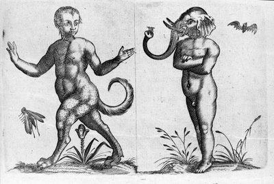 Verschiedene Arten von menschlichen Monstern: Ein Mann mit Tierbeinen und ein anderer mit Elefantenkopf. Gravur aus „De monstrorum natura, causis et differentiis“ von Fortunio Liceti (1577-1656), italienischer Wissenschaftler. 1646 von Italian School