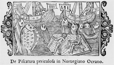 Fischen im norwegischen Ozean, Illustration aus Historia de Gentibus Septentrionalibus von Olaus Magnus (1490-1558), veröffentlicht in Rom, 1555 von Italian School