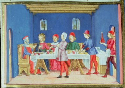 Fol.75v Jesus fragt während des Essens im Haus des Pharisäers, ob es erlaubt ist, am Sabbat zu heilen von Italian School