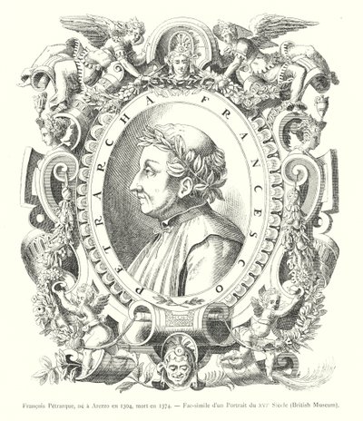 Francesco Petrarca, geboren in Arezzo 1304, gestorben 1374, Faksimile eines Porträts aus dem 16. Jahrhundert, British Museum (Gravur) von Italian School
