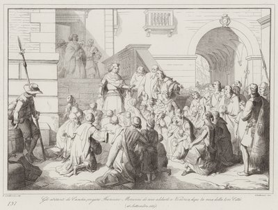 Die Bewohner von Candia bitten Francesco Morosini, sie nach der Kapitulation ihrer Stadt nach Venedig zu bringen von Italian School