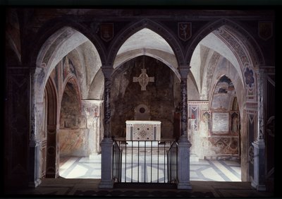 Innenansicht des Pfarrhauses und Altars, Höhle des heiligen Benedikt (Sacro Speco) Subiaco von Italian School