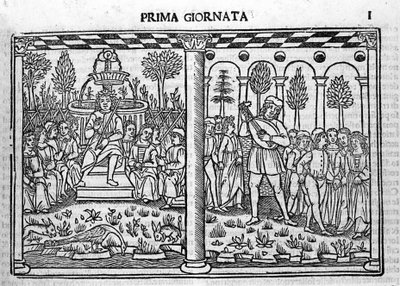 Einführung: Darstellung des Autors des Decameron umgeben von zehn jungen Menschen. Illustration des ersten Tages des Decameron (1349-1351) von Giovanni Boccaccio oder Jean Boccace (1313-1375) von Italian School