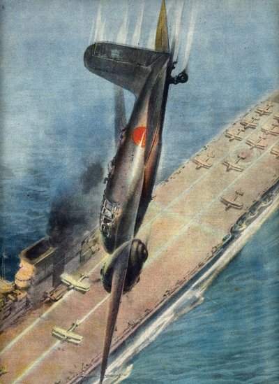 Kamikaze-Flieger Abe greift einen britischen Flugzeugträger an, Illustration aus 