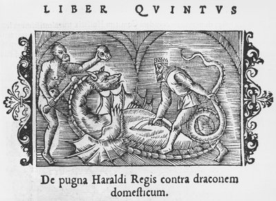 König Harald kämpft gegen einen Drachen, Illustration aus Historia de Gentibus Septentrionalibus von Olaus Magnus (1490-1558), veröffentlicht in Rom, 1555 von Italian School