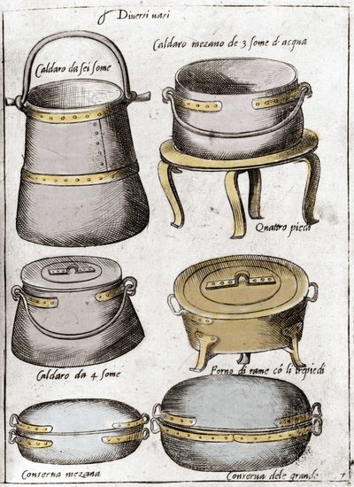 Küchenutensilien: Platte, die verschiedene Arten von Töpfen, Töpfen, Kesseln darstellt. Gravur aus „Opera“, Buch über Gastronomie in 6 Teilen, von Bartolomeo Scappi, persönlicher Koch von Papst Pius V. Venedig von Italian School