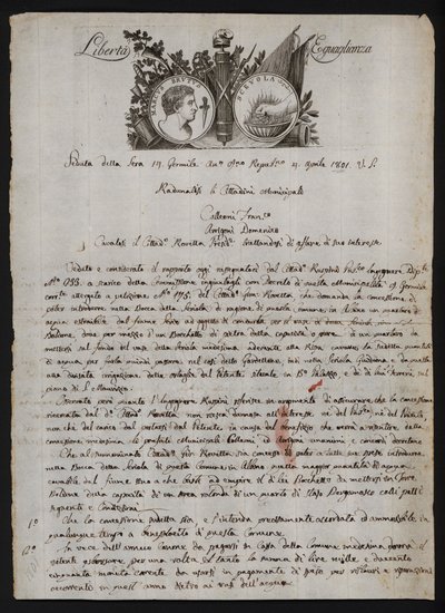 Brief auf Italienisch, mit einer Darstellung des Kopfes von Brutus dem Jüngeren, einer brennenden Hand, die Gaius Mucius Scaevola darstellt, und dem Motto der Französischen Revolution von Italian School