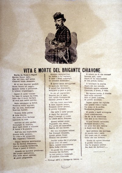 Liedtext eines Volksliedes über die Räuber von Chiavone von Italian School