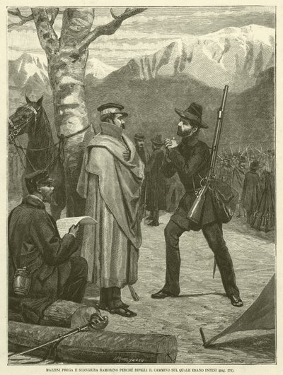 Mazzini betet und fleht Ramorino an, den Weg wieder aufzunehmen, auf dem sie sich geeinigt hatten (Gravur) von Italian School