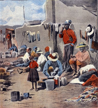 Mexikanische Revolution: Flüchtlingsfamilien fliehen vor dem Vormarsch der Rebellen Illustration von Minardi in „L