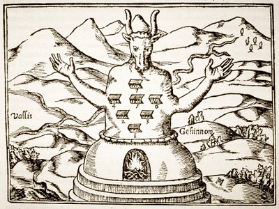 Moloch, Kopie einer Illustration aus Oedipus Aegyptiacus von Athanasius Kirchner, Rom 1652, verwendet in einer Geschichte der Magie, veröffentlicht Ende des 19. Jahrhunderts von Italian School